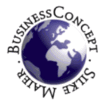 Globussymbol mit Schriftzug "Site Maker Business Concept" in kreisförmiger Anordnung.