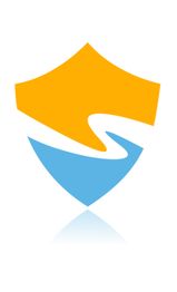 Ein gelb-blaues Schildemblem mit weißer geschwungener Linie durch die Mitte.