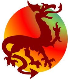 Roter Drache vor einem bunten Kreis.