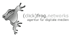 Frosch mit Aufschrift "(click)frog.networks, agentur für digitale medien" in grauer Farbe.