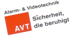 Logo von AVT: Alarm- & Videotechnik, rot-weiß, mit dem Slogan „Sicherheit, die beruhigt“.