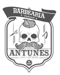 Logotipo estilo vintage de uma barbearia com caveira e bigode, tesoura e navalha. Texto: "Antunes".