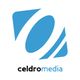 Blaues Logo von Celdromedia mit geschwungenen Linien und Schriftzug "celdromedia" darunter.