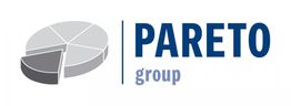 Logo der Pareto Group mit grauem Tortendiagramm und Text in Blau und Grau.