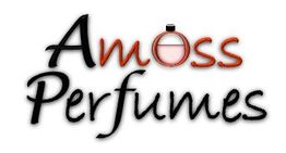 Logotipo de Amoss Perfumes con diseño de botella en la letra "o".