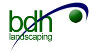 "BDH Landscaping logo with green text and a blue swoosh ending in a green circle."