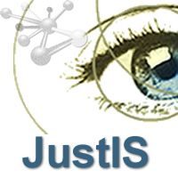 Ein blaues Auge und Molekülstruktur mit dem Schriftzug "JustIS".