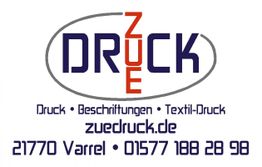 Logo mit „Druck“, „Beschriftungen“, „Textil-Druck“, Webseite und Kontaktinformationen.