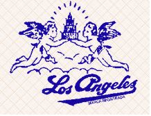 Dos ángeles sostienen un edificio sobre el texto "Los Angeles" en azul.