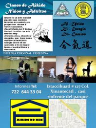 Clases de Aikido para niños y adultos. Información de contacto y ubicación en el cartel.