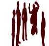 Schattenrisse von fünf Personen, eine Person springt, dargestellt in dunklem Rot auf weißem Hintergrund.