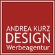 Rotes Logo mit weißem Text: "ANDREA KURZ DESIGN Werbeagentur" in einem quadratischen Rahmen.