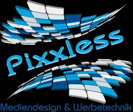 Logo mit blauen und weißen Blöcken, Text: "Pixxless Mediendesign & Werbetechnik".