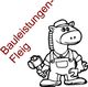 Zeichnung eines Tieres im Bauarbeiter-Outfit mit Hammer, daneben der Text "Bauleistungen-Fleig".
