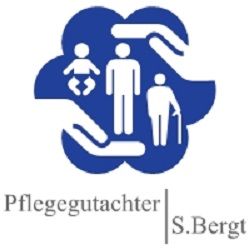 Blaues Logo mit Umrissen von Personen und Händen darauf. Text: "Pflegegutachter S. Bergt".