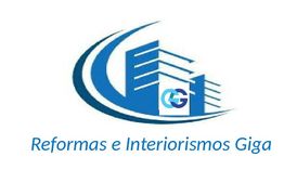 Logotipo azul de "Reformas e Interiorismos Giga" con diseño de edificios estilizados.