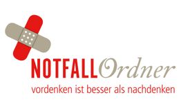 Notfall-Ordner-Logo mit Pflaster und Slogan: "vordenken ist besser als nachdenken".