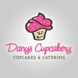Cartoon-Cupcake mit Gesicht, Text: "Danys Cupcakery, Cupcakes & Catering", rosa Schrift.