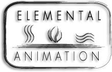 Logo von "Elemental Animation" mit Element-Symbolen: Wasser, Feuer und Luft.