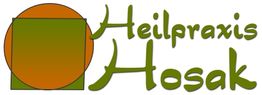 Logo mit grünem Quadrat, oranger Kreis und Text: "Heilpraxis Hosak".