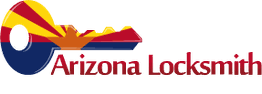Key-shaped logo with Arizona flag colors and text "Arizona Locksmith."