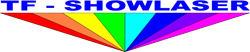 Text "TF - SHOWLASER" mit farbigen Laserstrahlen darunter in Rot, Orange, Gelb, Grün, Blau, Pink.