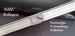 Rechenschieber von A.W. Faber mit Hülle, Text: NHU Solingen, Kostenanalyse, Kostenrechnung.