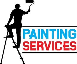 Silhouette of a painter on a ladder with "Painting Services" text in blue and red.