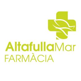 Logotipo de farmacia Altafulla Mar en verde, con cruz y hojas estilizadas.