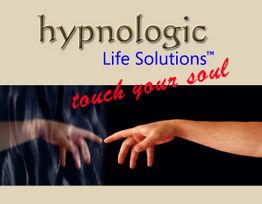 Zwei Hände berühren sich vor einem Hintergrund mit "hypnologic Life Solutions" und "touch your soul".