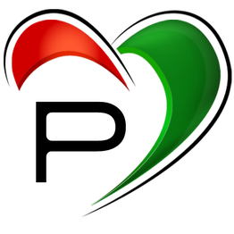Herzförmiges Logo mit rotem und grünem Flügel, schwarzem Buchstaben "P" in der Mitte.