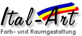 Logo von Ital-Art mit Farb- und Raumgestaltung sowie drei bunten Streifen im Hintergrund.