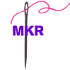 Agulha com linha rosa cruzando letras "MKR" em roxo.