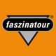 Logo mit Text "faszinatour" auf schwarzem Dreieck, Hintergrund orange.