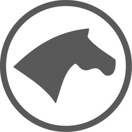 Grafische Darstellung eines Pferdekopfes im Kreis, in Grautönen.