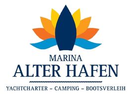 Logo von "Marina Alter Hafen" mit Boot und buntem Blattmuster, Text: Yachtcharter, Camping, Bootsverleih.