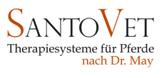 Logo von SANTOVET, Therapiesysteme für Pferde nach Dr. May, in schwarzem und orangefarbenem Text.