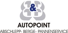 Logo mit grauem B&B-Symbol, Schriftzug "AUTOPOINT" und "ABSCHLEPP- BERGE- PANNENSERVICE".