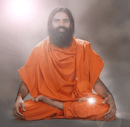 Person in orange robe meditating with light flares around.