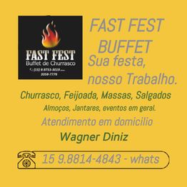 Logo e descrição do Fast Fest Buffet de Churrasco com serviços e contato em fundo laranja.