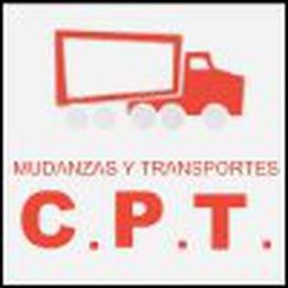 Camión rojo con texto: "Mudanzas y Transportes C.P.T.". Fondo blanco.