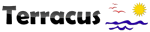 Logo mit "Terracus", Sonne, Möwen und blauen Wellen auf weißem Hintergrund.