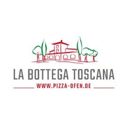 Logo von La Bottega Toscana mit URL: www.pizza-ofen.de, illustriertes Haus und Bäume.