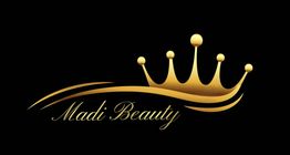 Logo de Madi Beauty con una corona dorada sobre fondo negro.