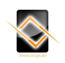Schwarzes Symbol mit orangefarbenem Muster, darunter Text: "www.orapi.de".