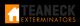 Logo with "Teaneck Exterminators" and a house icon in black and orange on a black background.