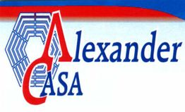 Logo con scritte "Alexander CASA", design moderno con linee blu e rosse su sfondo bianco.