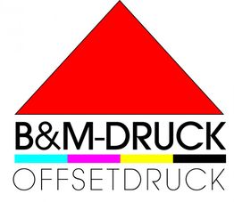 Rotes Dreieck über "B&M-Druck OFFSETDRUCK" mit farbigen Streifen darunter.