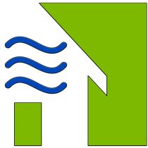 Grünes Haus-Icon mit blauen Wellenlinien links, symbolisiert Energieressourcenschonung.