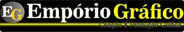 Logo "Empório Gráfico" em preto e amarelo, fundo preto. Texto: "Criação & Produção Gráfica".